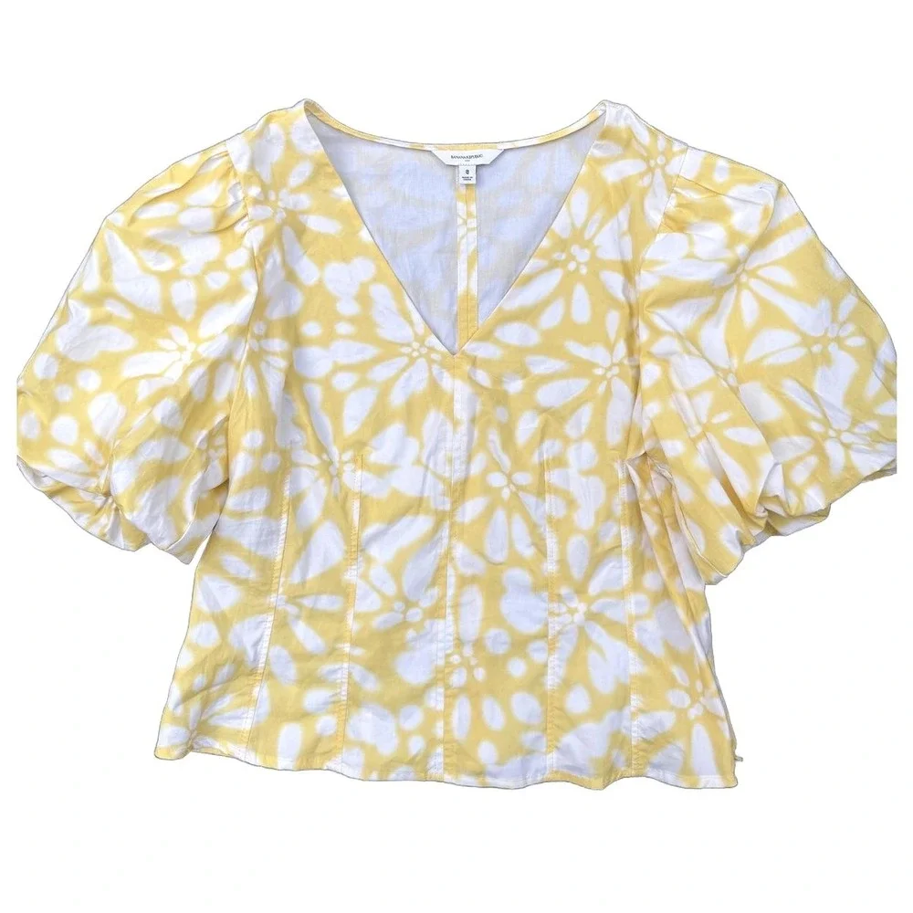 Banana Republic Floral Puff Sleeve Top Yellow White Size 8 V-Neck‎ Crop Blouse